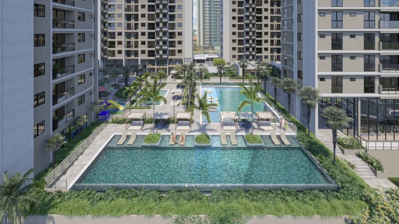 Parque aquático com 3 piscinas